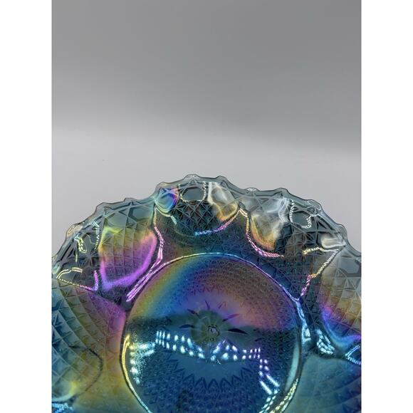 Iridescent Blue Carnival Glass Ruffled Edge Starburst Diamond Dish 10" Vintage - Picture 5 of 10